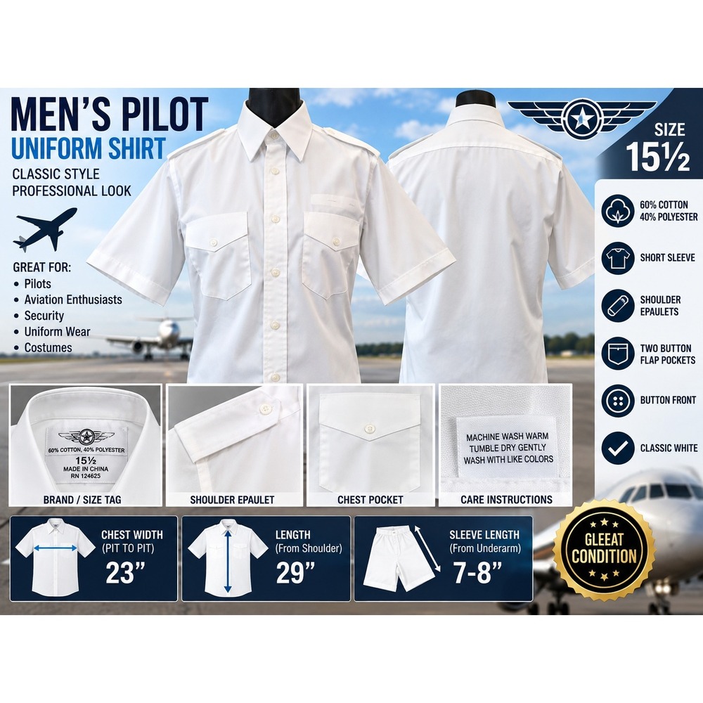 Mens Pilot Uniform Shirt White Short Sleeve Epaulets Size 15.5 RN 124625